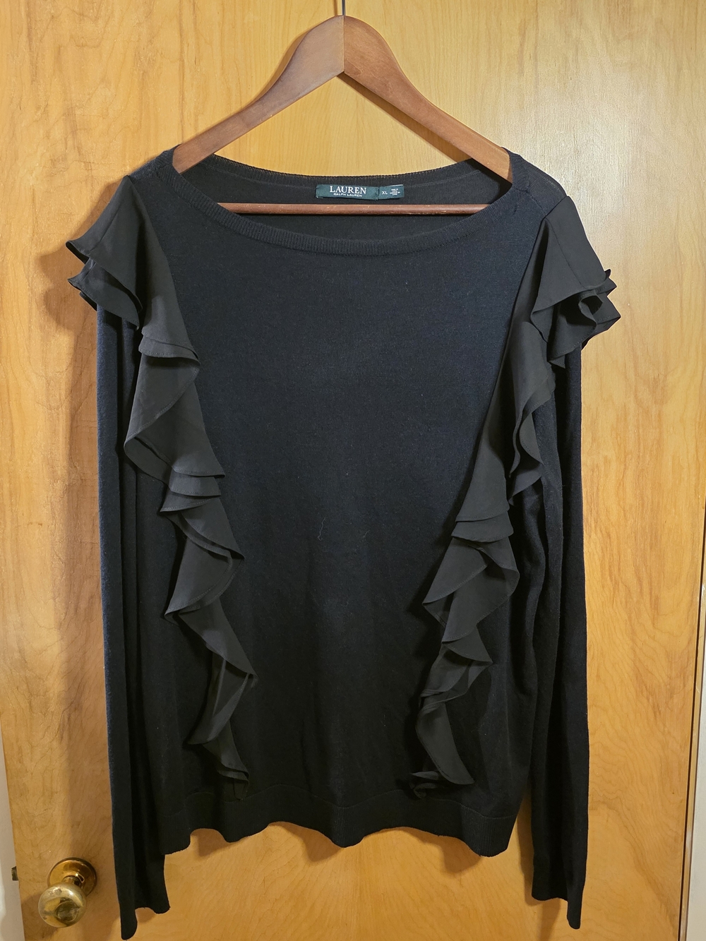 Lauren Black Ruffle Long Sleeve Lightweight Sweater Top Size XL
